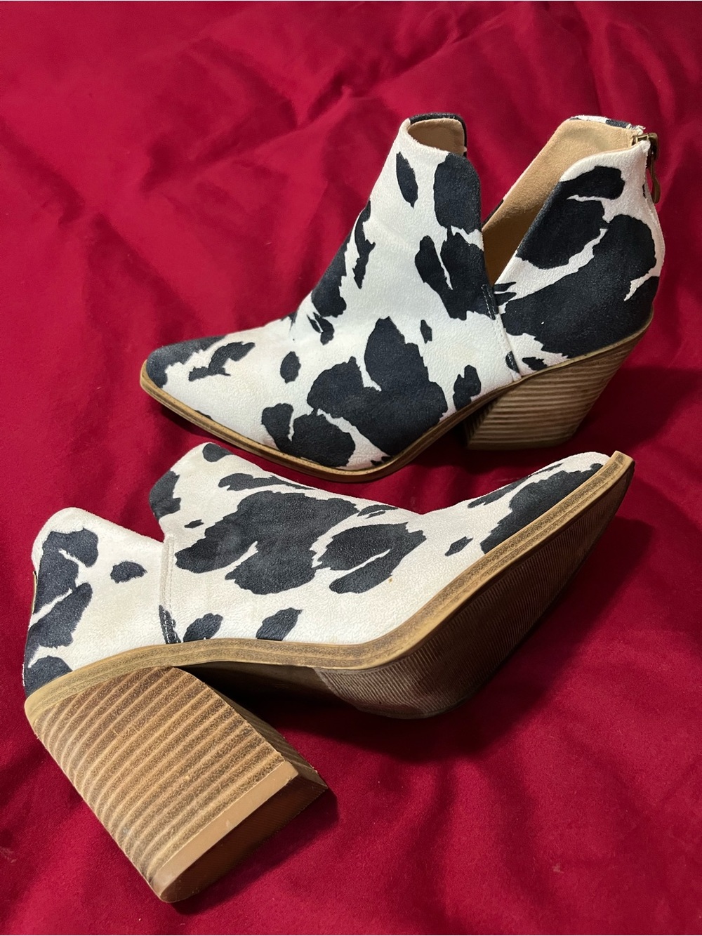 Cow Print Pointed Toe Ankle Booties - Black & White